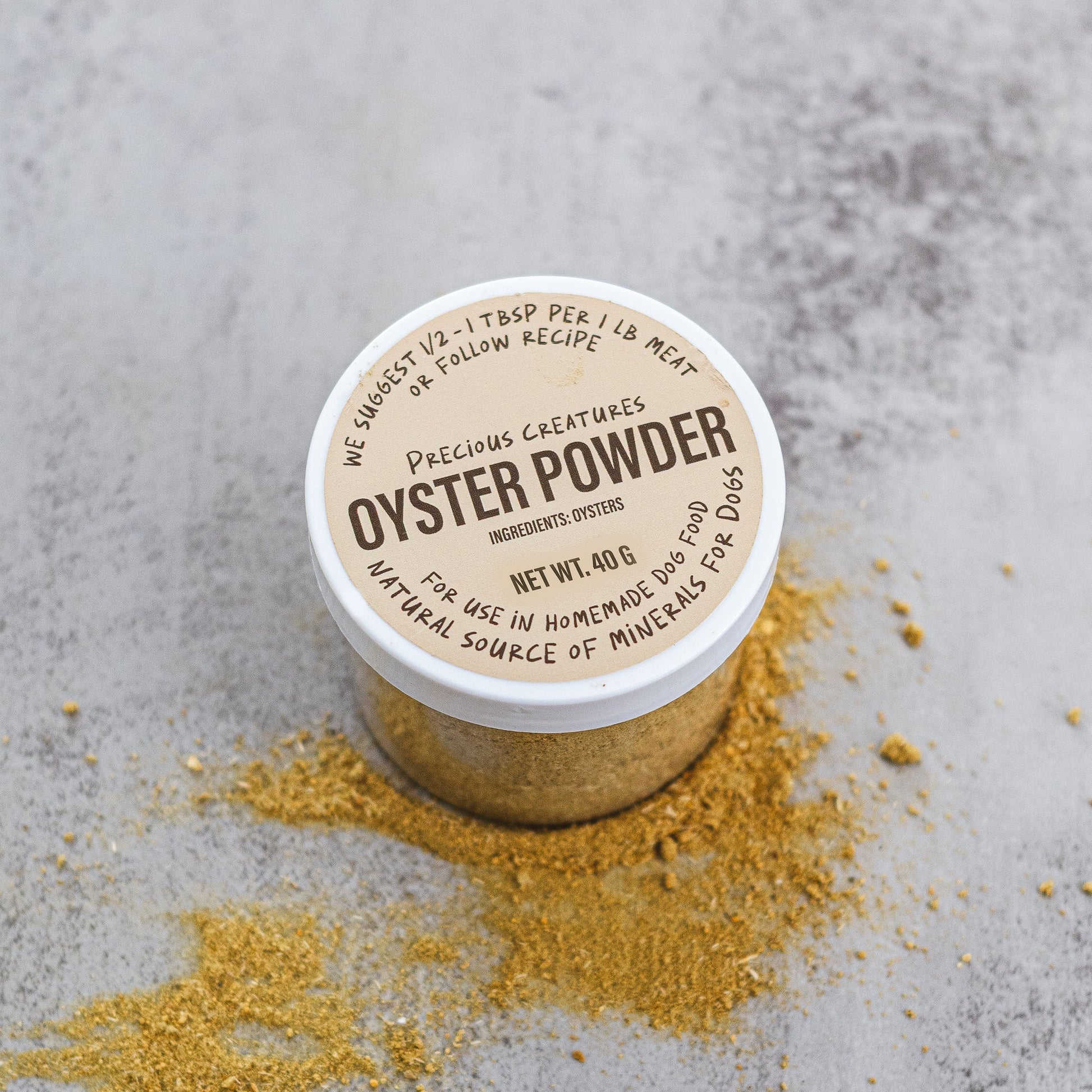 Precious Creatures Freeze-Dried Oyster Powder - made from 100% Pacific Northwest oysters. Natural vitamins and minerals supplement for dogs