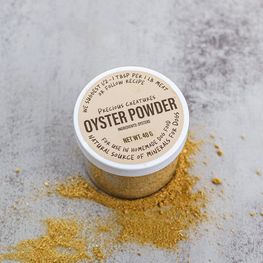 Precious Creatures Freeze-Dried Oyster Powder - made from 100% Pacific Northwest oysters. Natural vitamins and minerals supplement for dogs