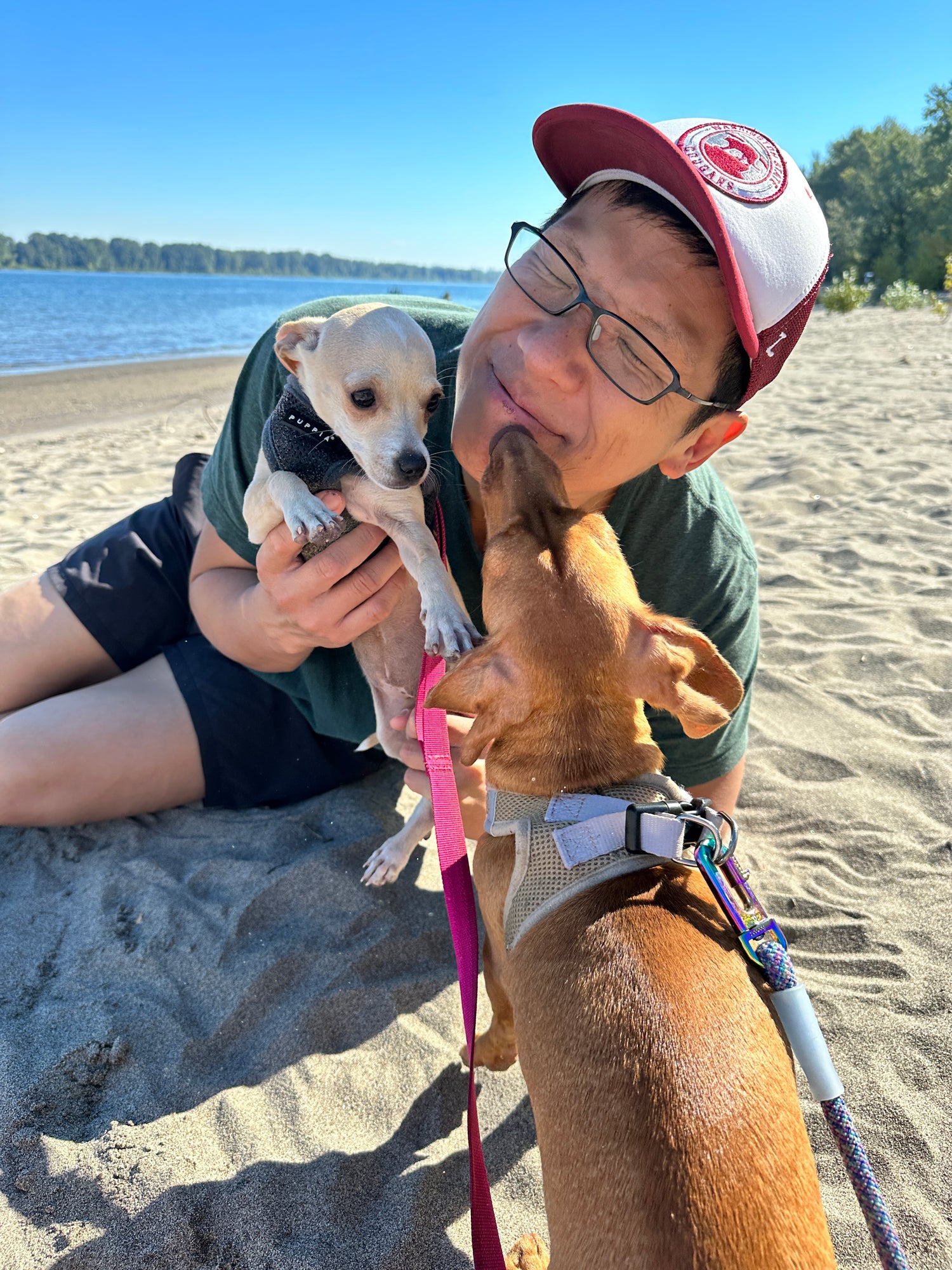 R.A. Young with famous dogs Cedric and Edith from thecedlife on a beach