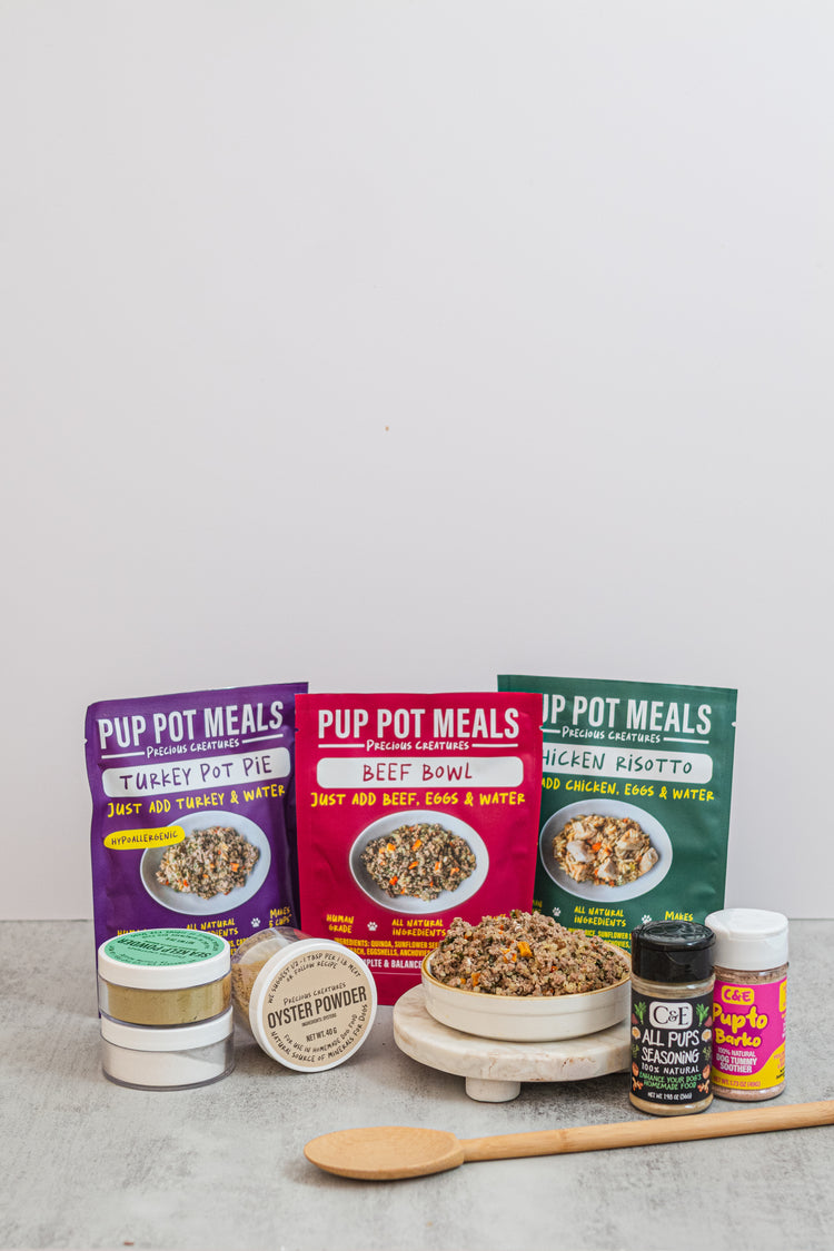 Assorted Precious Creatures Co homemade dog food supplement products including containers, bowls, and a spoon on a light gray surface with a white background.